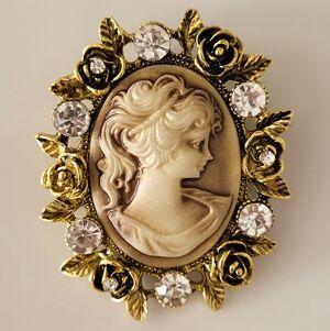 Vintage Inspired Cameo Brooch with Floral Rhinestone Frame